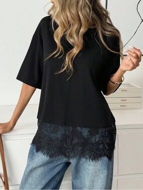 ShopEvelynne Black Short Sleeve Tee with Lace Hem